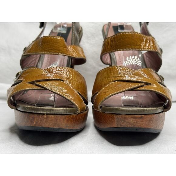 Derek Lam Orange Brown Patent Leather Slingback Platform Wooden Heel Sandals 8.5 - Picture 3 of 11